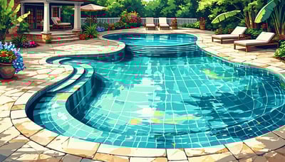 Illustration of a luxurious backyard pool with a lounging area. Illustration of a luxurious backyard pool with a lounging area.